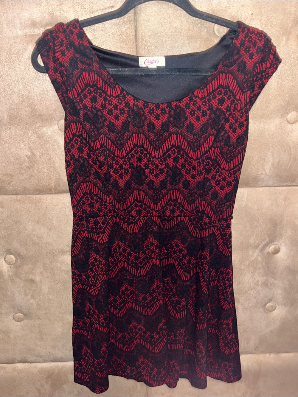 Candie's Red and Black Lace-Overlay Cap Sleeve Tunic Dress